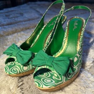 MIA Green Patterned Bow Slingback Wedges